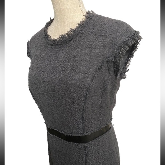 REBECCA TAYLOR size 8 Crew Neck Tweed Leather Trim Raw Edge Dress Charcoal Gray - Picture 3 of 9